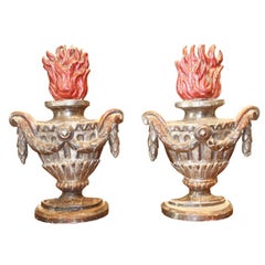 Pair of Italian Giltwood and Polychrome Flaming Urns