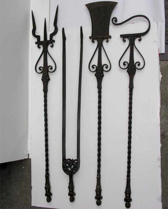 Rare Set of 4 Hand Forged Bronze Finial Wrought Iron Fire Tools