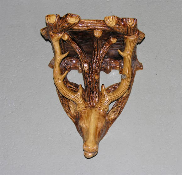 Pair of Glazed Earthenware  "Stag" Brackets.  19th C.