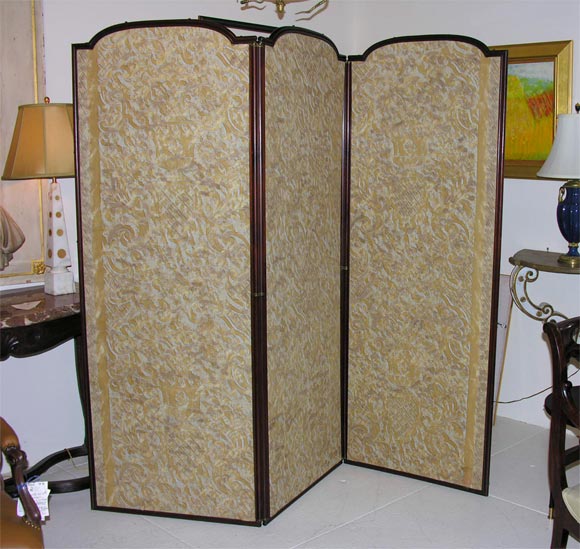 A three panel Fortuny covered Screen.  Late 19th Century.