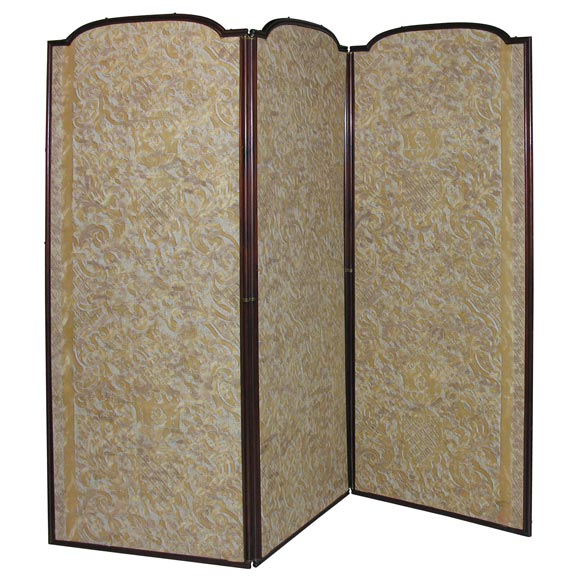 A three panel Fortuny covered Screen.  Late 19th Century. For Sale