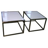 Vintage A pair of brass square tables with Carrera glass tops