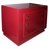 Asian inspired, 1940’s cinnabar 3 drawer dresser with ornate han