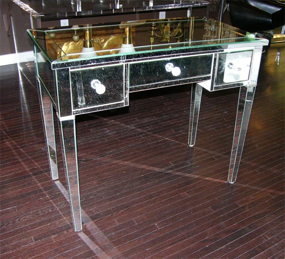 Custom classic modern mirrored desk with silver trim legs. Customization is available in different sizes, finishes and hardware.