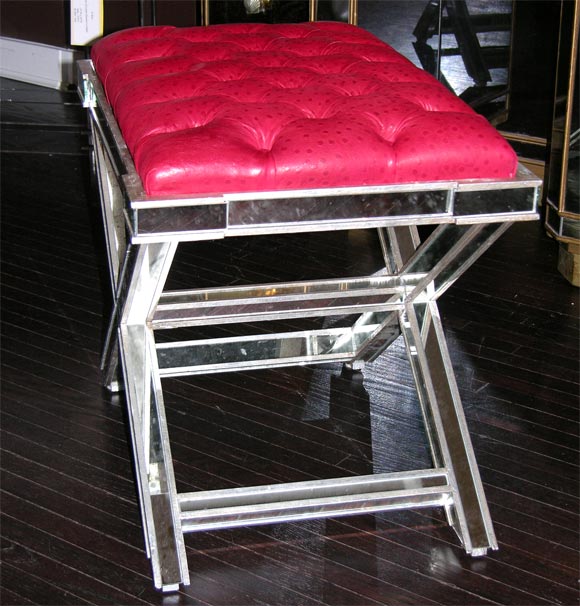 Pair of Silver Trim Mirrored X-Band Benches with Red Tufted Leather Top In New Condition For Sale In New York, NY