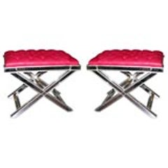 Pair of Custom Silver X-Band Benches with Red Leather 9