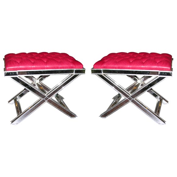 Pair of Silver Trim Mirrored X-Band Benches with Red Tufted Leather Top