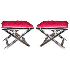 Pair of Silver Trim Mirrored X-Band Benches with Red Tufted Leather Top