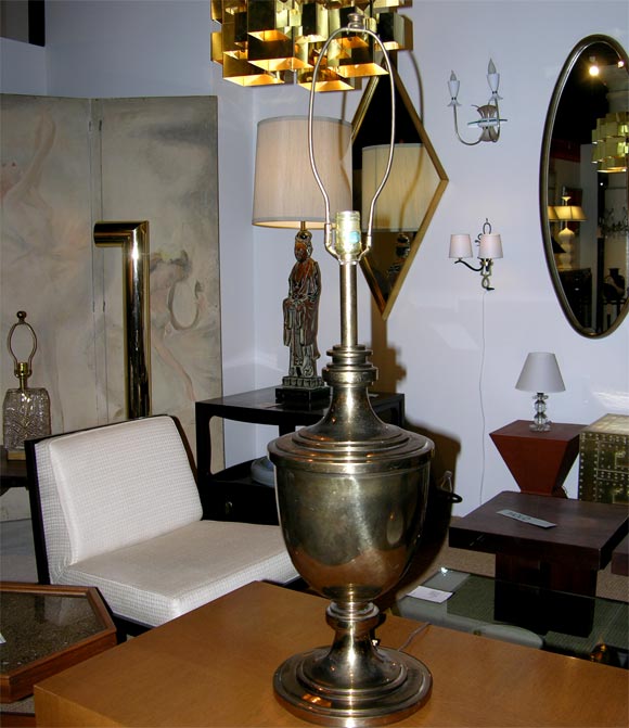 A pair of overscale urn form brass table lamps by Stiffel. American, circa 1960.