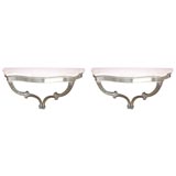 Pair of 22k White Gold Carved Wood & Marble Wall-Mount Consoles