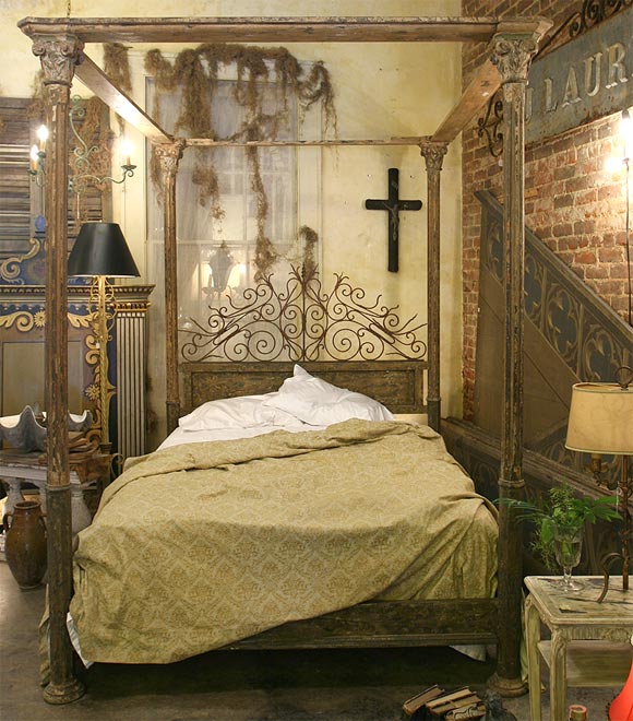 Queen size Bed made from painted 19th century columns & iron; assembled with faux painted new parts.  Interior: 63.5
