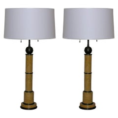 A Pair of Art Deco Sienna Marble and Brass Column Table Lamps.