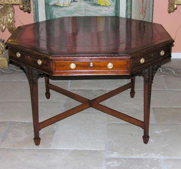 English Mahogany Leather Top Octagonal Library Table