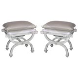 Pair of Painted Curule Benches with Velvet Upholstery