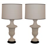 A Pair of Stylized Plaster Urn Lamps with Custom Silk Shades