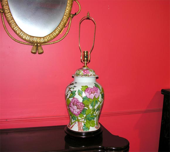 Pair of antique temple jar lamps with peony and bird decoration.