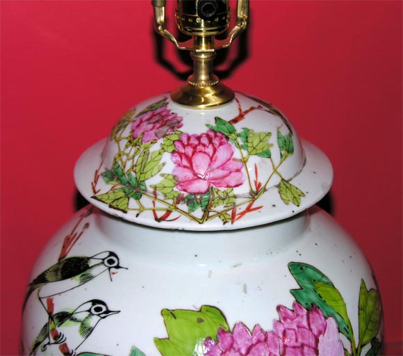 Chinese Pair of Antique Temple Jar Lamps with Peony and Bird Decoration