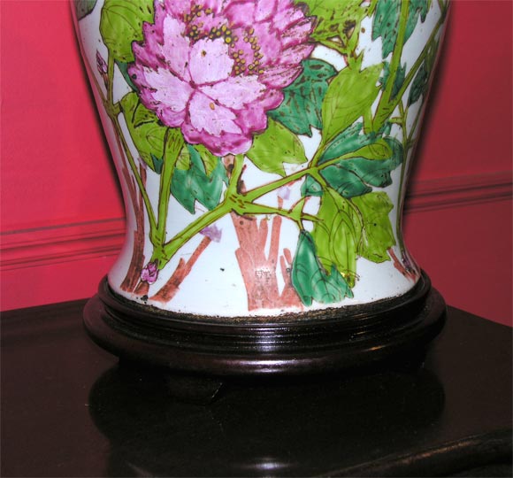 Porcelain Pair of Antique Temple Jar Lamps with Peony and Bird Decoration