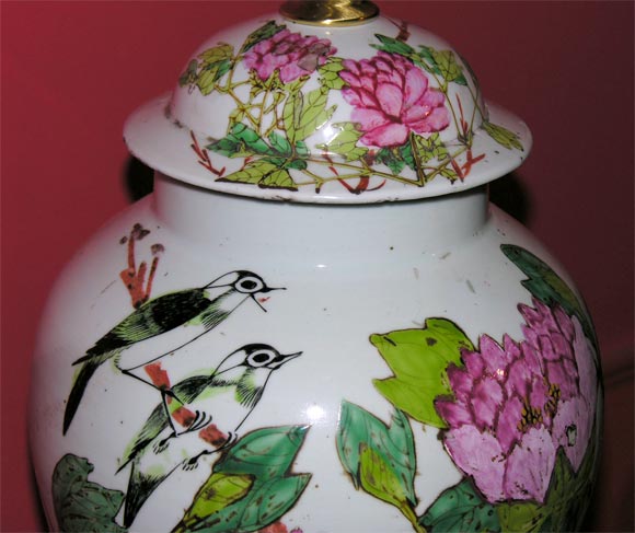 Pair of Antique Temple Jar Lamps with Peony and Bird Decoration 1