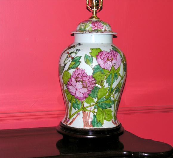 Pair of Antique Temple Jar Lamps with Peony and Bird Decoration 3
