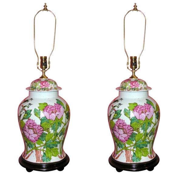 Pair of Antique Temple Jar Lamps with Peony and Bird Decoration