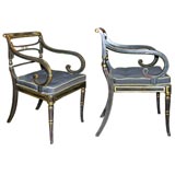 Antique Pair of Regency Ebonized and Gilt Painted Carvers