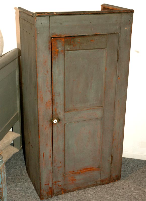 19th century original gray painted one door chimney cupboard from New England, hanging wall, all original surface and square nail construction.