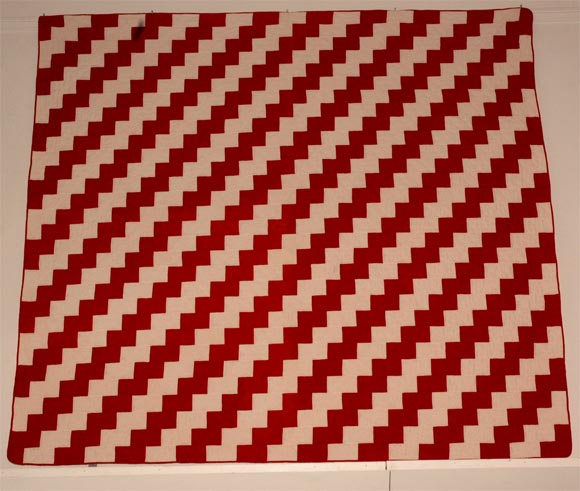 19THC. GEOMETRIC RED AND WHITE QUILT FROM PENNSYLVANIA