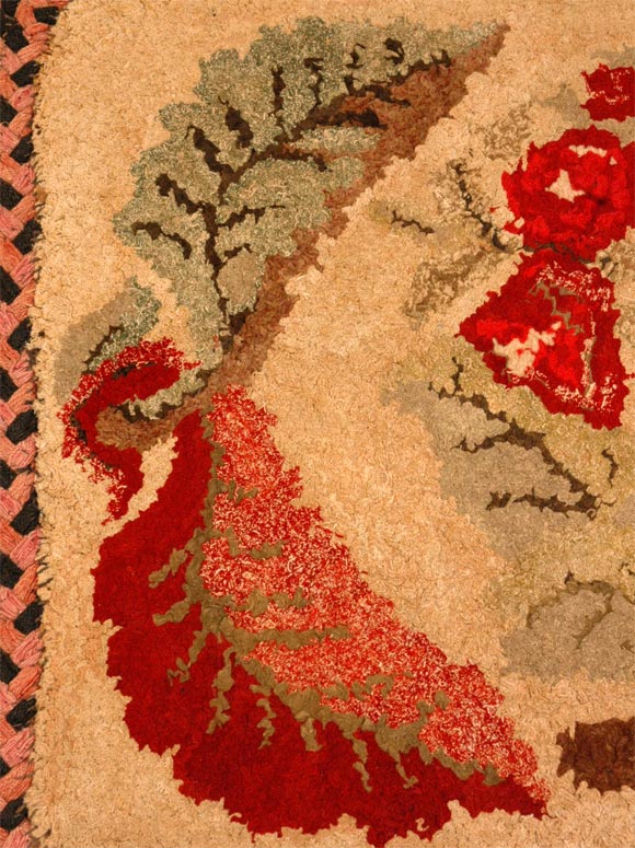 19th Century New England Hand-Hooked Floral Mounted Rug For Sale 1