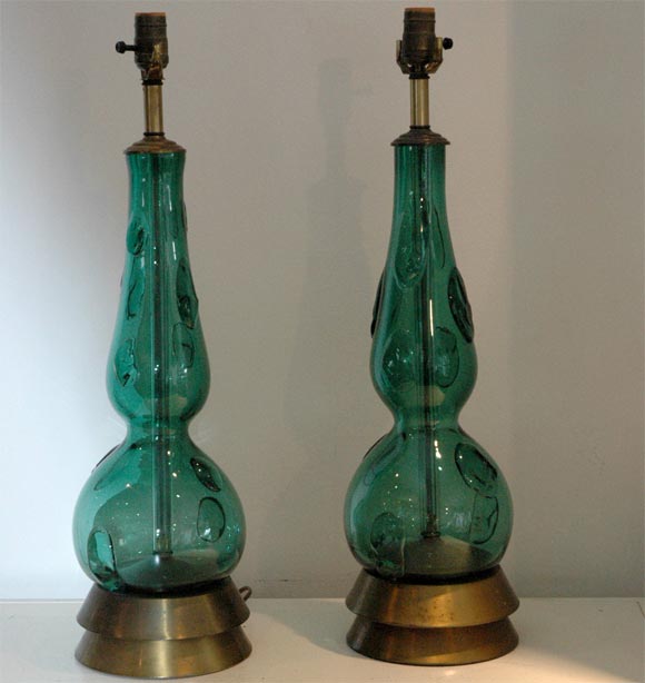 COBUOCHON GLASS HUNTER GREEN LAMPS. NEEDS REWIRING