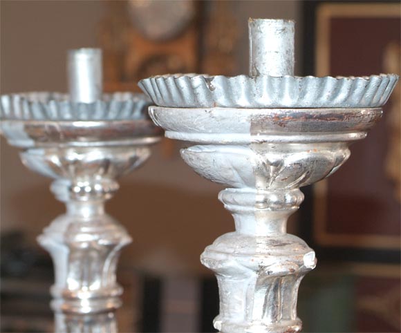 19th Century Pair of Italian Neoclassical Style Silvered Wood Candlesticks