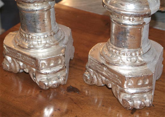 Pair of Italian Neoclassical Style Silvered Wood Candlesticks 1