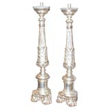 Pair of Italian Neoclassical Style Silvered Wood Candlesticks