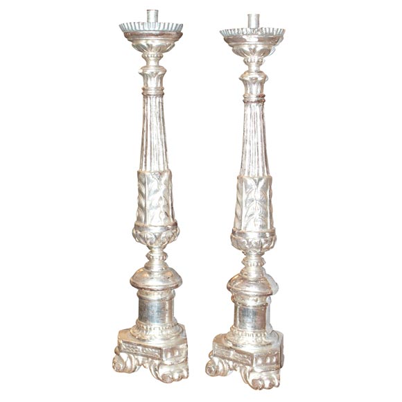 Pair of Italian Neoclassical Style Silvered Wood Candlesticks