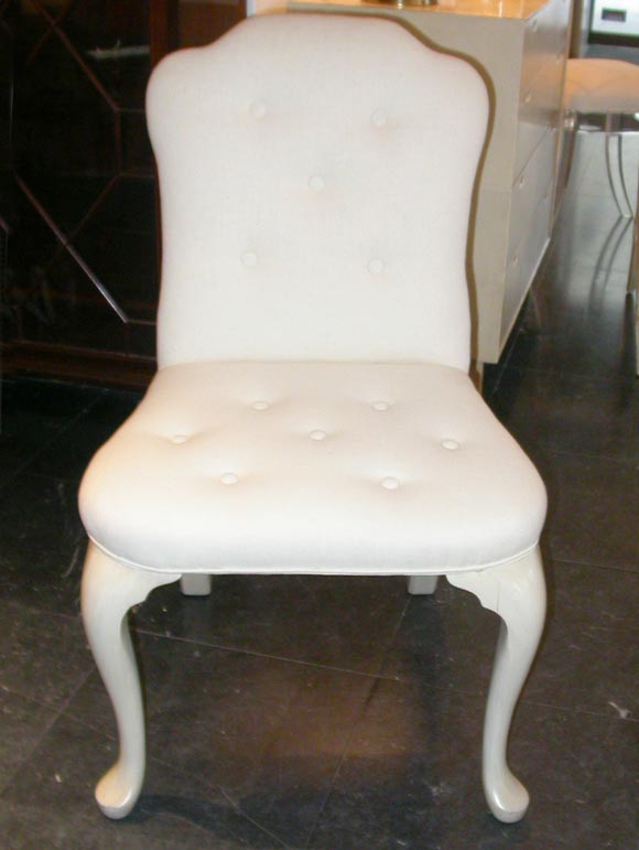 Queen Anne style dining chair in ivory lacquor with upholstered seat and back.  Solid maple construction.  Made to order.  Minimum six per order.  COM. Please allow 6-8 weeks for delivery.
