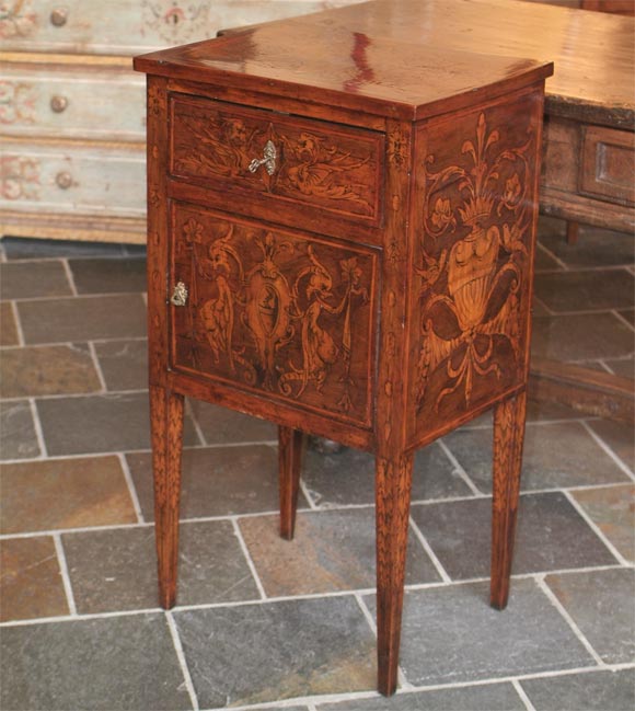 Marquetry inlaid walnut commodino