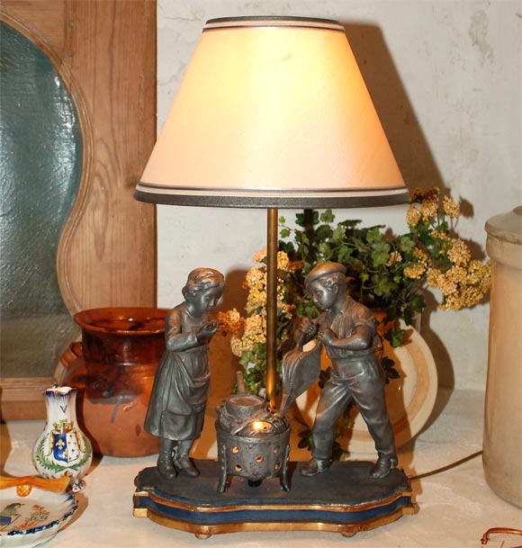 19TH C. PEWTER FIGURINES MADE INTO A LAMP