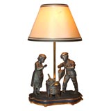 19TH C. PEWTER FIGURINES MADE INTO A LAMP