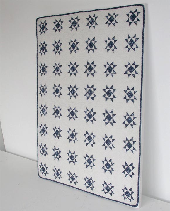 19THC MOUNTED BLUE & WHITE CRIB QUILT
