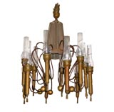 tin, brass, wood chandelier
