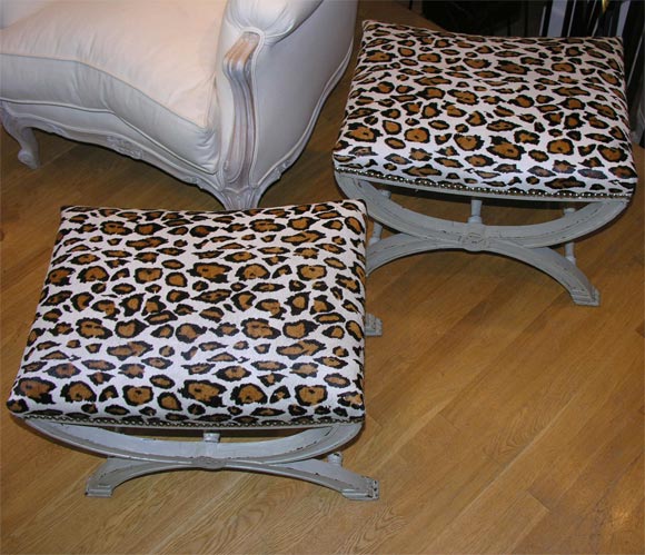 French #3231 Pair of Painted Stools upholstered in calf skin For Sale