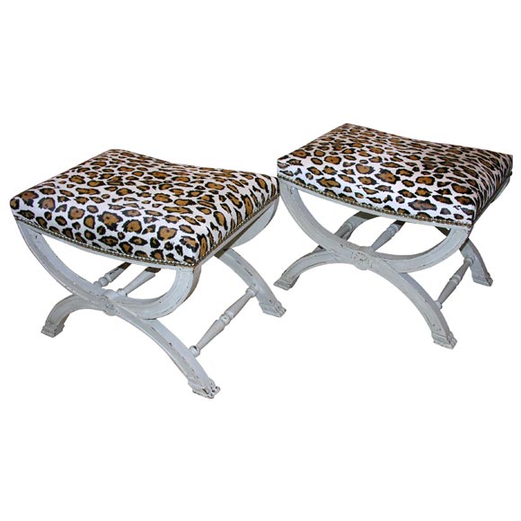 #3231 Pair of Painted Stools upholstered in calf skin For Sale