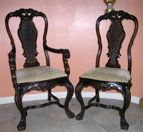 Rare Set of 12 Portuguese Chippendale Carved Dining Chairs w Leather Embossed Splats, Serpentine Form Aprons on Cabriole Legs, ca 1890’s