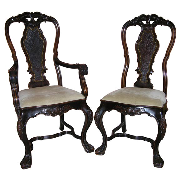 Set of 12 Portuguese Carved Dining Chairs