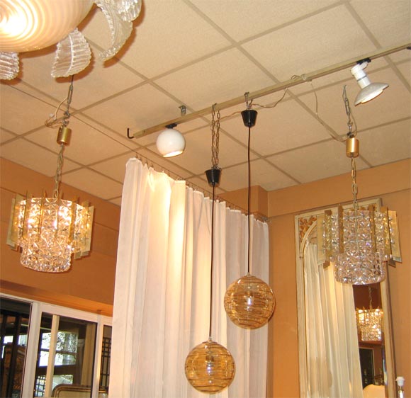 Mid-20th Century Two Circular Chandeliers in Glass Bronze and Brass