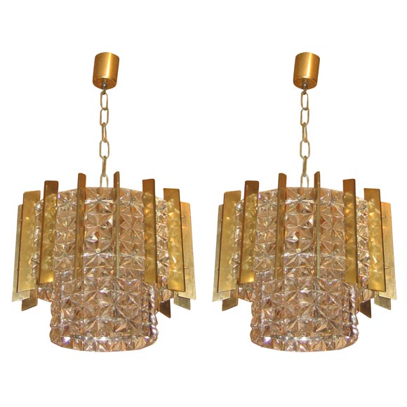 Two Circular Chandeliers in Glass Bronze and Brass
