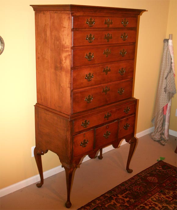 Beautifully constructed American Cherry Highboy, with dovetails visible on case at each drawer opening.  Simple lines and lovely color.  Hardware is not original.