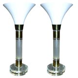 Pair Of Lucite & Brass Torchier Lamps