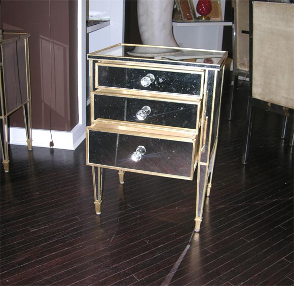 Contemporary Pair of Custom Gold Trim, Mirrored Commodes