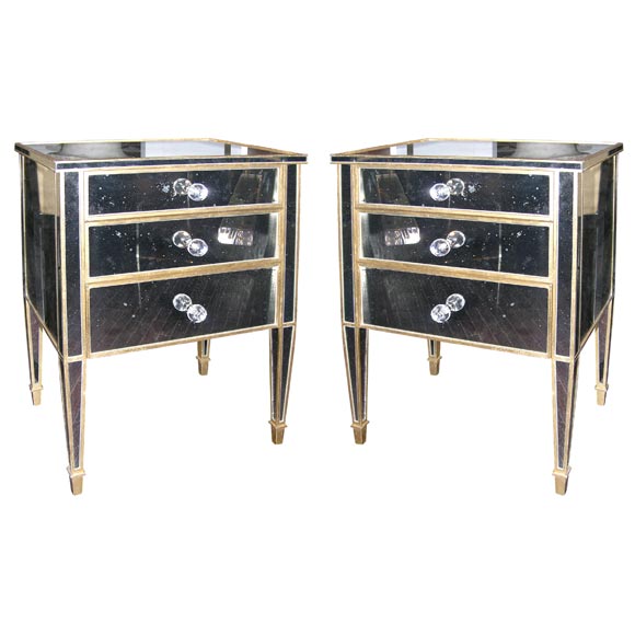 Pair of Custom Gold Trim, Mirrored Commodes